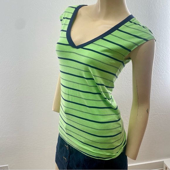 Theory- bright green and blue striped v neck tank- small - Picture 3 of 12